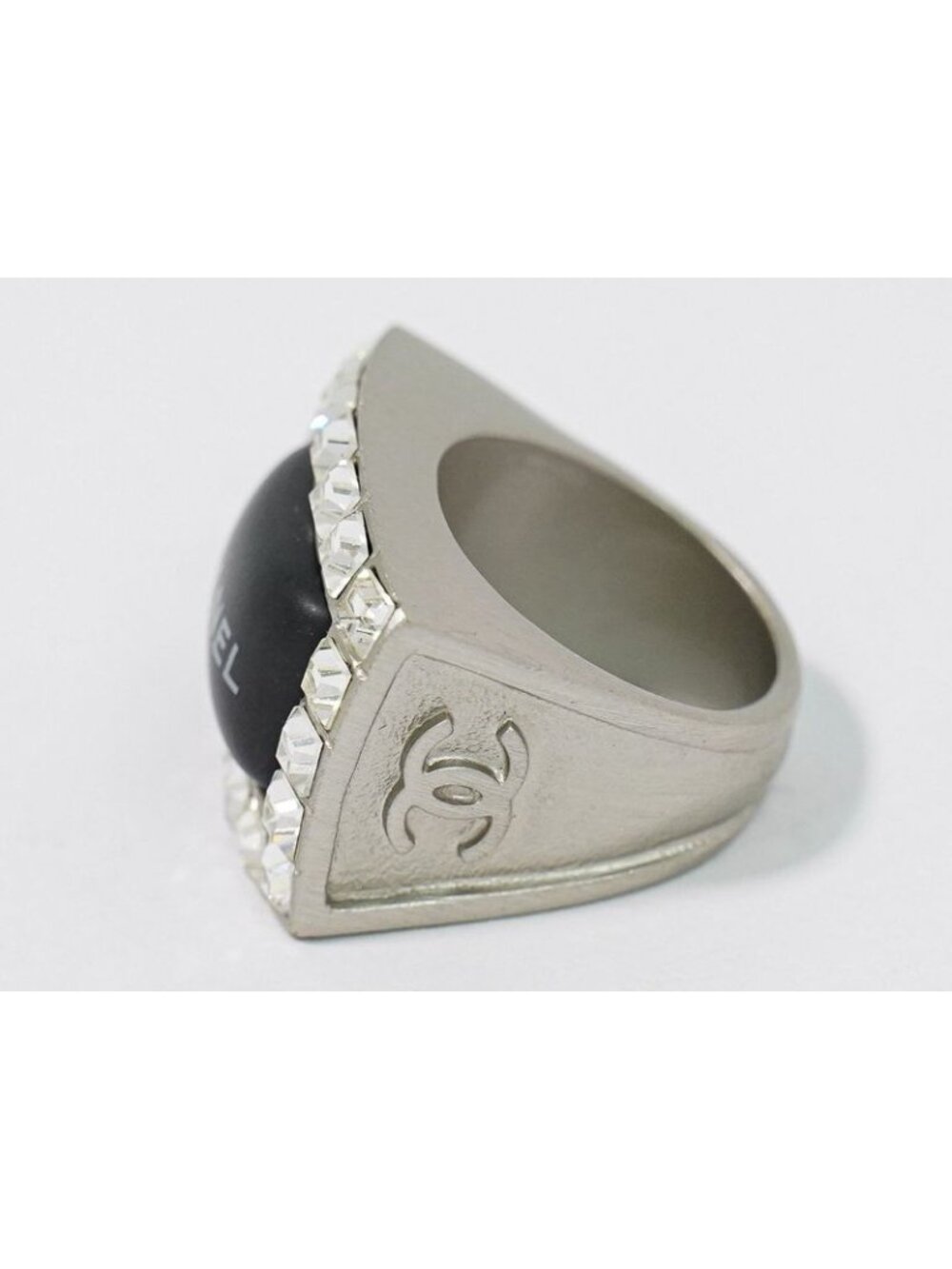 Chanel Logo Rhinestone Ring Metal Silver Black - Picture 2 of 11